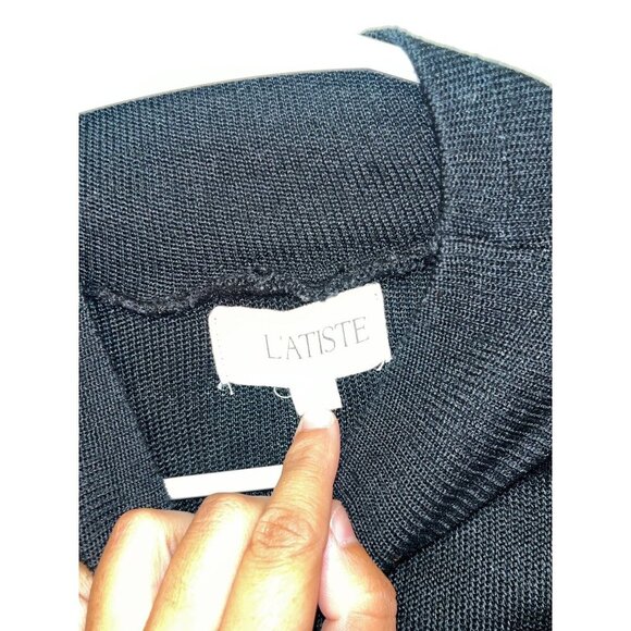 Latiste Black Knit Long-Sleeve Tie Waist Pullover High Neck Women's Dress Size L - Picture 4 of 9